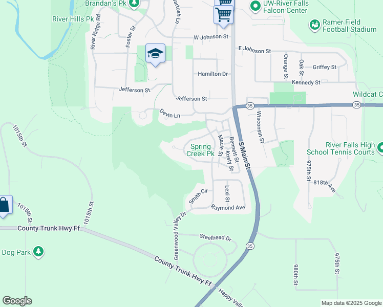map of restaurants, bars, coffee shops, grocery stores, and more near 1838 Kimberly Circle in River Falls