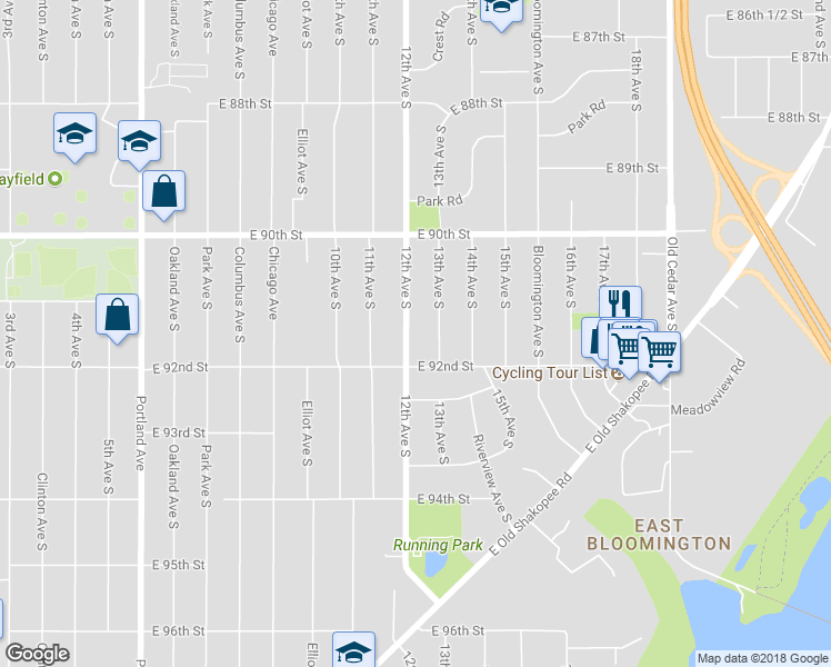 map of restaurants, bars, coffee shops, grocery stores, and more near 9119 12th Avenue South in Bloomington