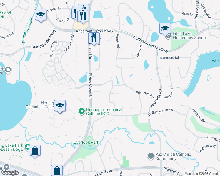 map of restaurants, bars, coffee shops, grocery stores, and more near 9134 Cold Stream Lane in Eden Prairie