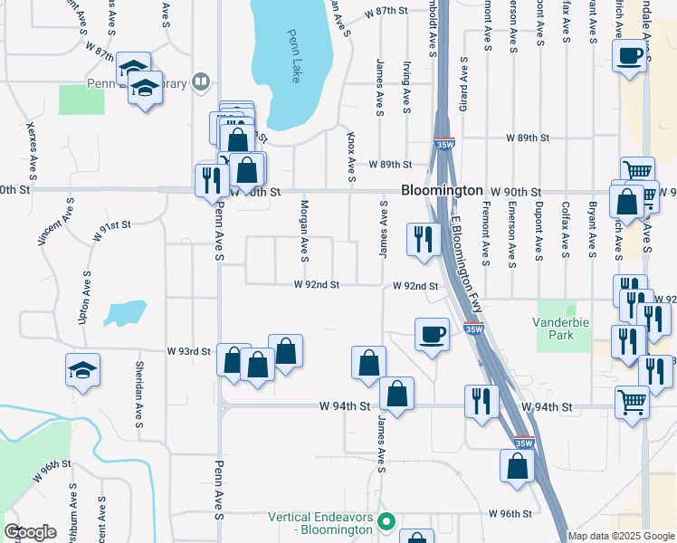 map of restaurants, bars, coffee shops, grocery stores, and more near 9133 Logan Avenue South in Minneapolis
