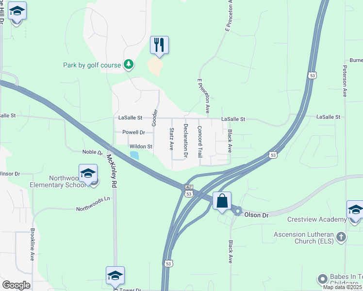 map of restaurants, bars, coffee shops, grocery stores, and more near 2004 Declaration Drive in Eau Claire