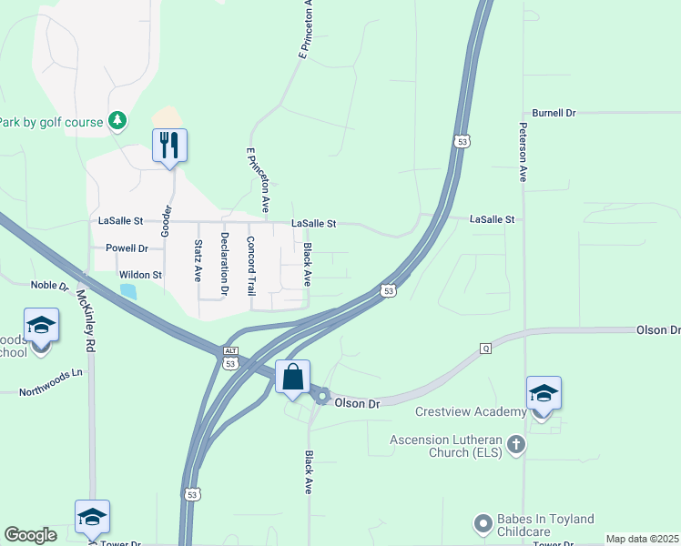 map of restaurants, bars, coffee shops, grocery stores, and more near 4342 Black Court in Eau Claire