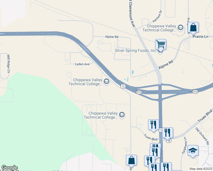map of restaurants, bars, coffee shops, grocery stores, and more near 4000 Campus Road in Eau Claire