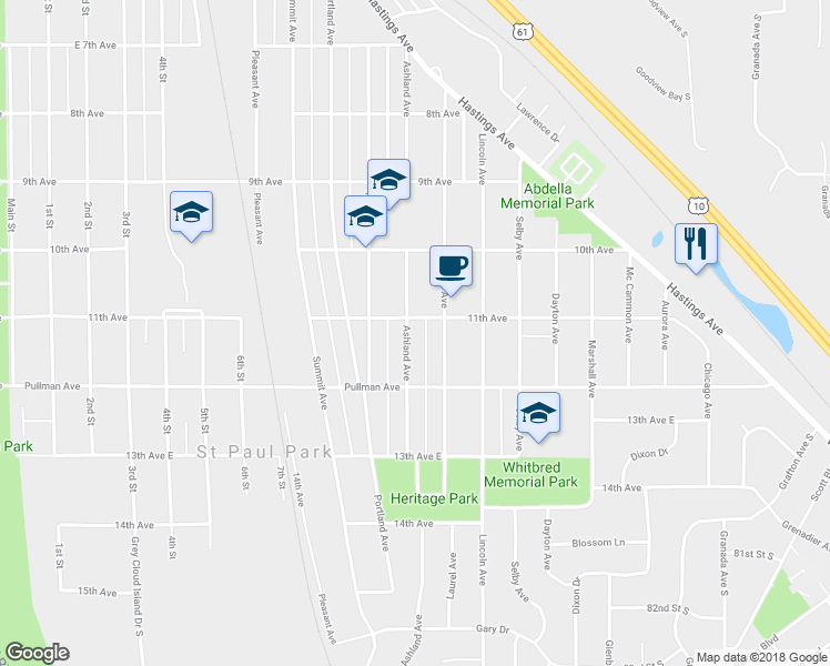 map of restaurants, bars, coffee shops, grocery stores, and more near 1108 Ashland Avenue in Saint Paul Park
