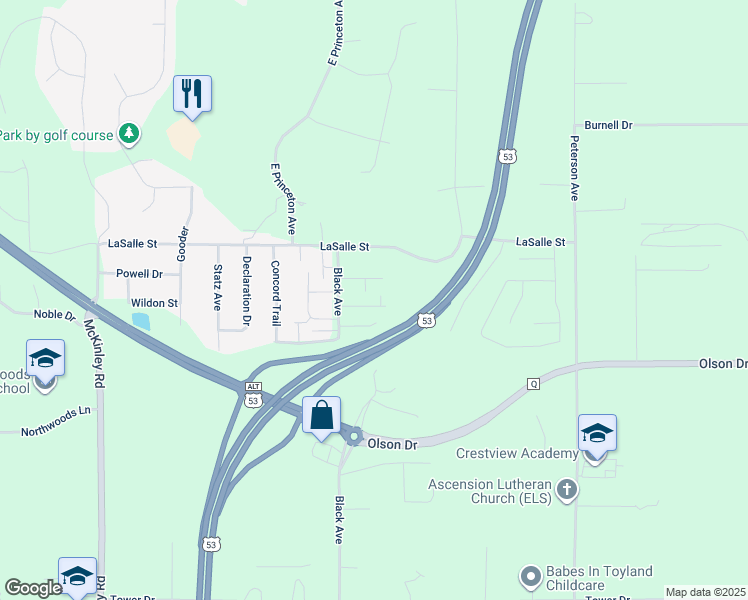 map of restaurants, bars, coffee shops, grocery stores, and more near 4342 Black Court in Eau Claire