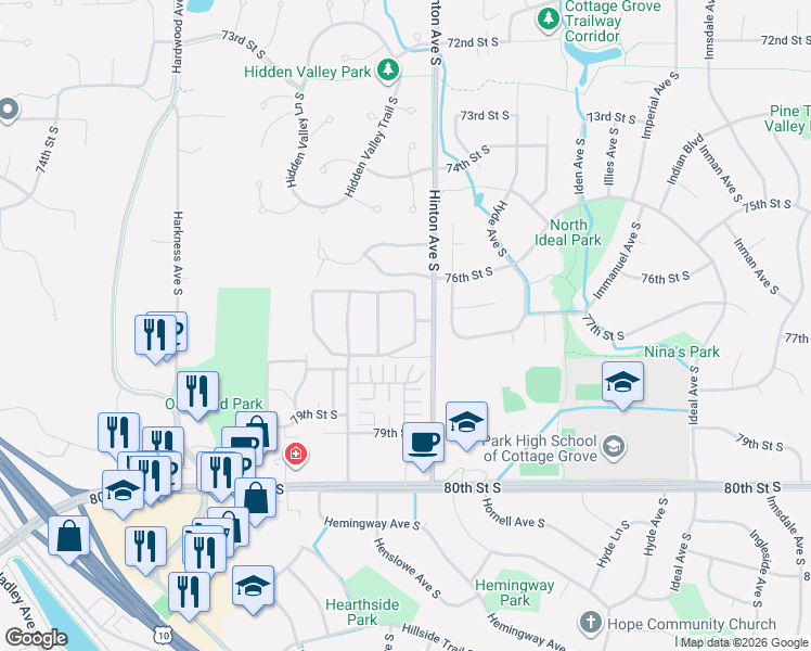 map of restaurants, bars, coffee shops, grocery stores, and more near 7516 80th Street South in Cottage Grove
