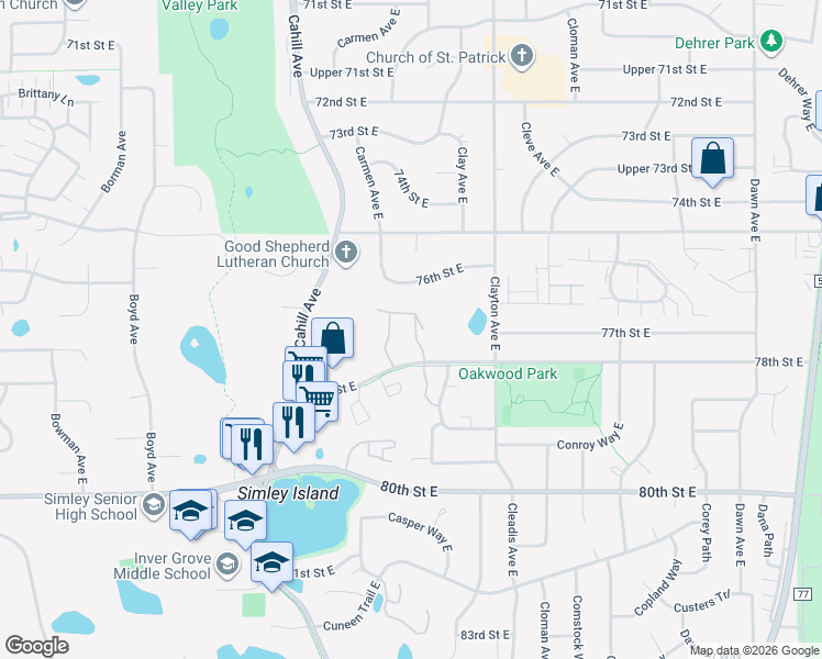 map of restaurants, bars, coffee shops, grocery stores, and more near 3443 78th Street East in Inver Grove Heights