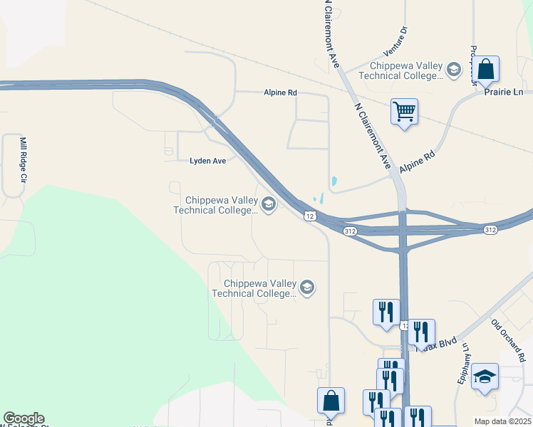 map of restaurants, bars, coffee shops, grocery stores, and more near 4000 Campus Road in Eau Claire