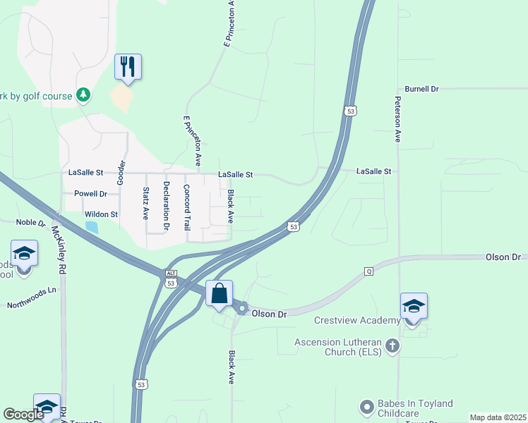 map of restaurants, bars, coffee shops, grocery stores, and more near 4342 Black Court in Eau Claire