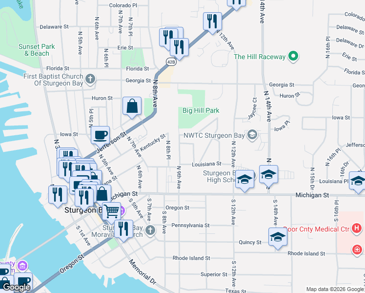 map of restaurants, bars, coffee shops, grocery stores, and more near 146 North 9th Avenue in Sturgeon Bay