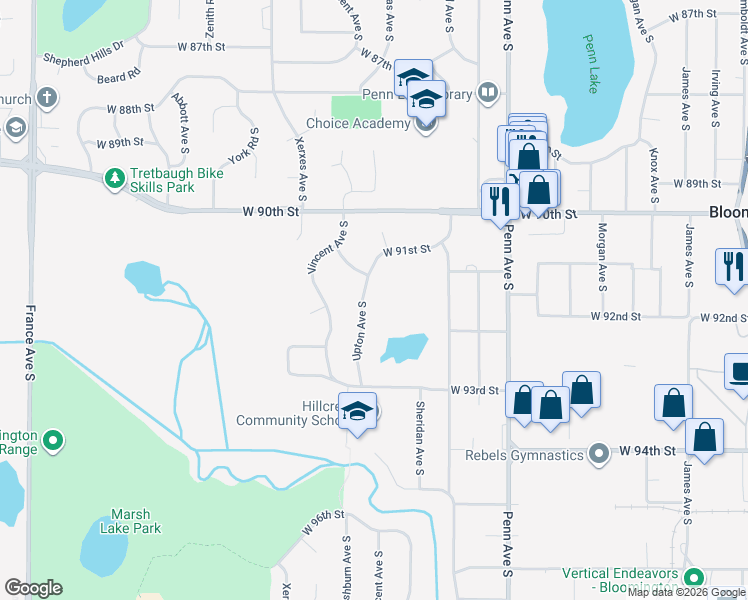 map of restaurants, bars, coffee shops, grocery stores, and more near 9133 Upton Avenue South in Minneapolis