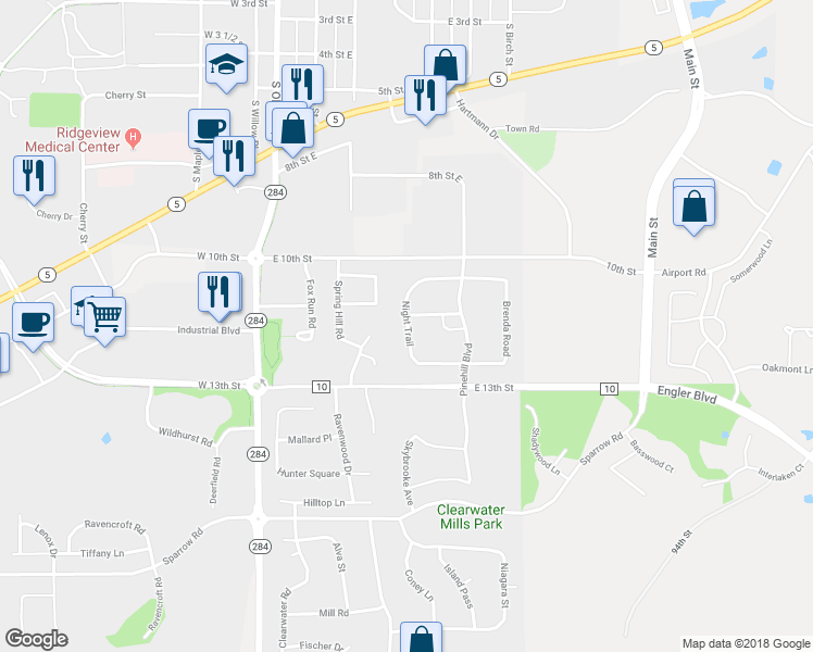 map of restaurants, bars, coffee shops, grocery stores, and more near 1228 Night Trail in Waconia
