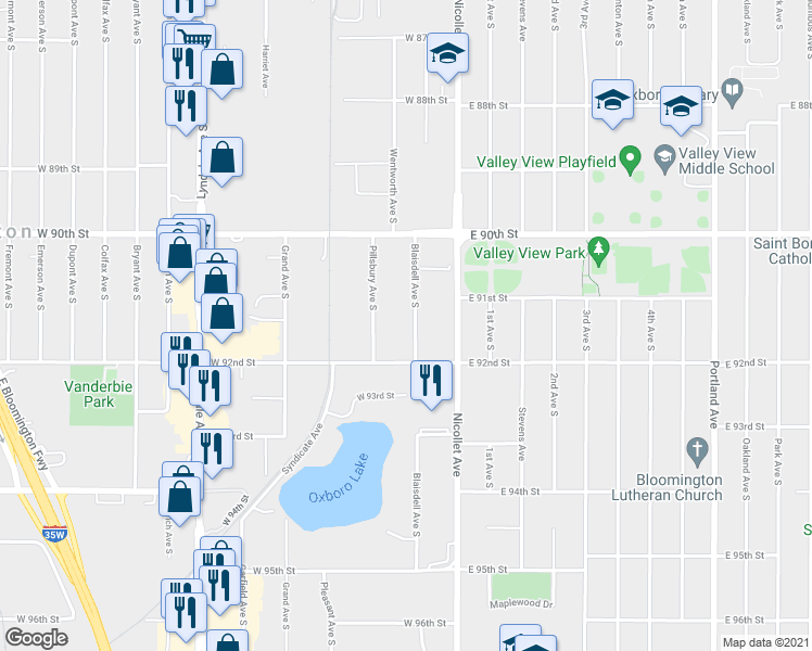map of restaurants, bars, coffee shops, grocery stores, and more near 9120 Blaisdell Avenue South in Bloomington