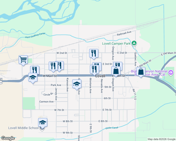 map of restaurants, bars, coffee shops, grocery stores, and more near 352 Montana Avenue in Lovell