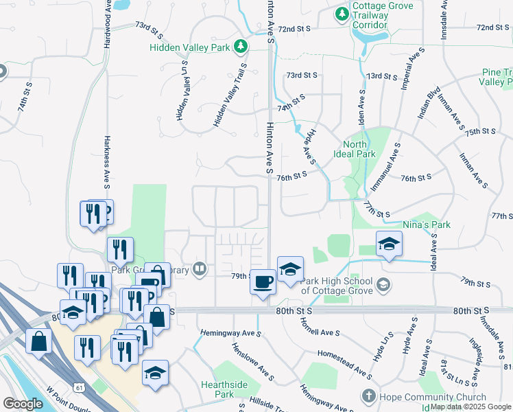 map of restaurants, bars, coffee shops, grocery stores, and more near 7790 Hinton Avenue South in Cottage Grove