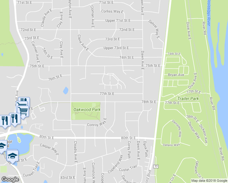 map of restaurants, bars, coffee shops, grocery stores, and more near 3817 77th Street East in Inver Grove Heights