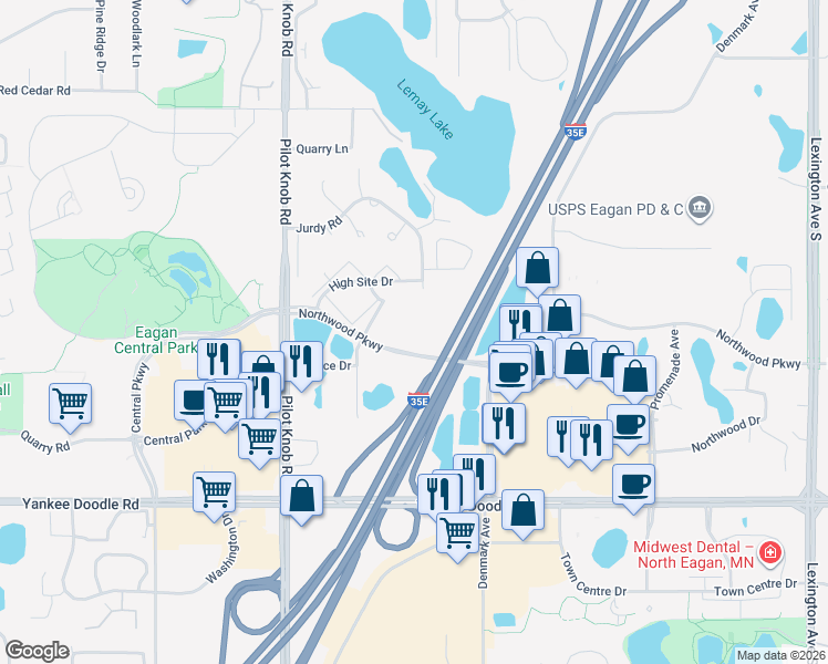 map of restaurants, bars, coffee shops, grocery stores, and more near 1330 High Site Drive in Eagan