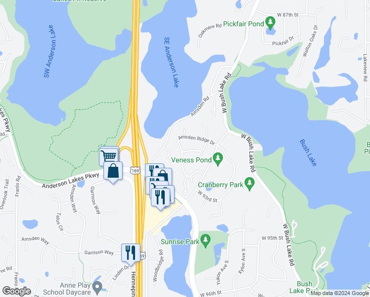 map of restaurants, bars, coffee shops, grocery stores, and more near 8440 Bayridge Lane in Bloomington