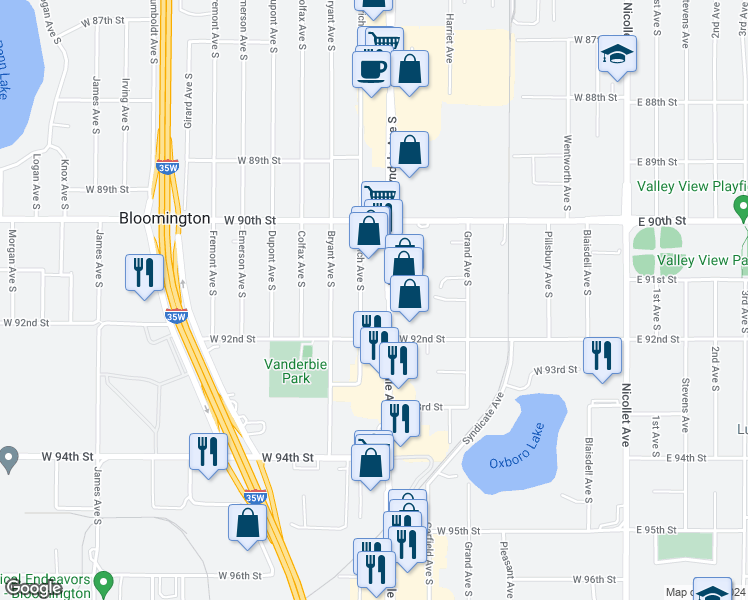 map of restaurants, bars, coffee shops, grocery stores, and more near 9100 Lyndale Avenue South in Bloomington