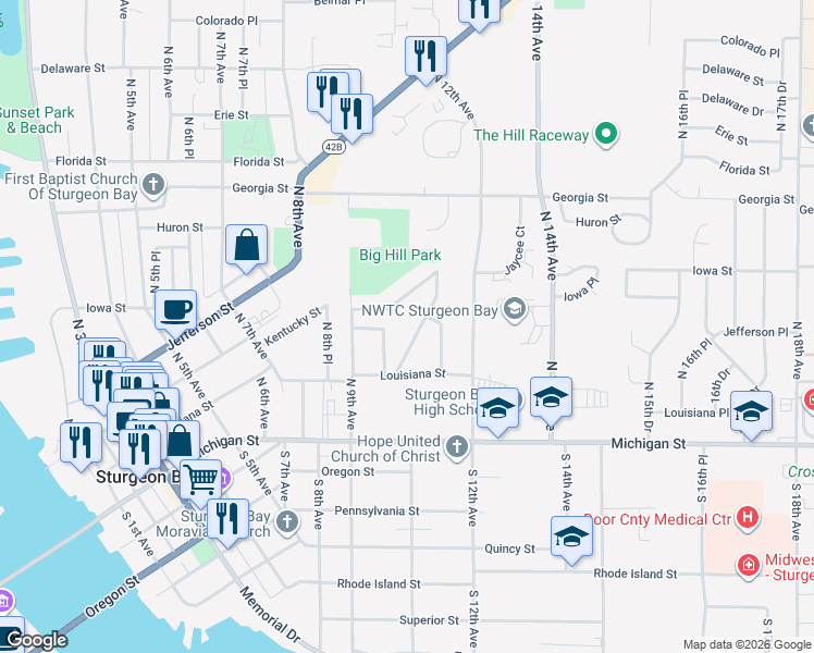map of restaurants, bars, coffee shops, grocery stores, and more near 127 North 10th Place in Sturgeon Bay