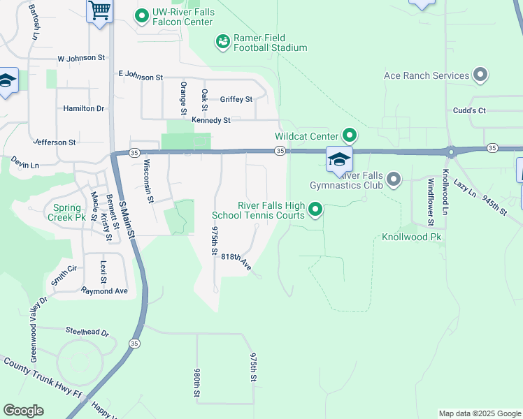 map of restaurants, bars, coffee shops, grocery stores, and more near 1859 Rodao Drive in River Falls