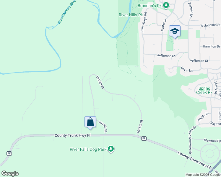 map of restaurants, bars, coffee shops, grocery stores, and more near N8262 1015th Street in River Falls
