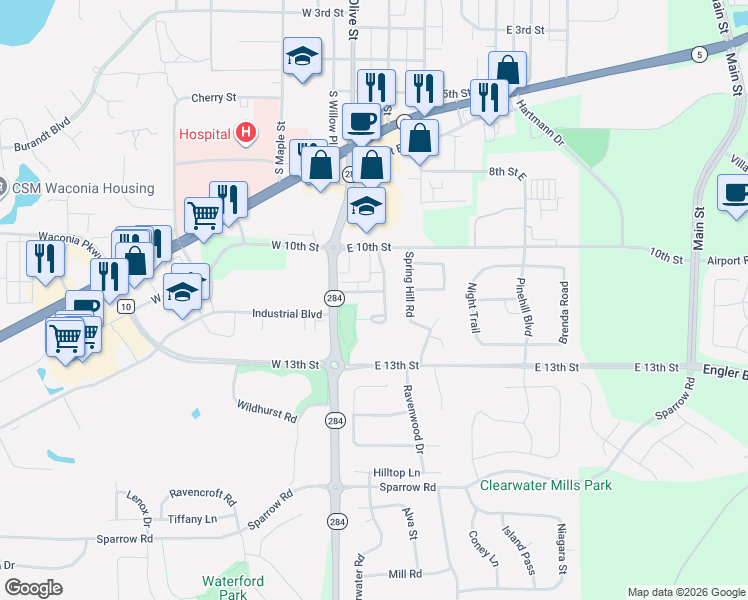 map of restaurants, bars, coffee shops, grocery stores, and more near 5 Somerset Drive in Waconia
