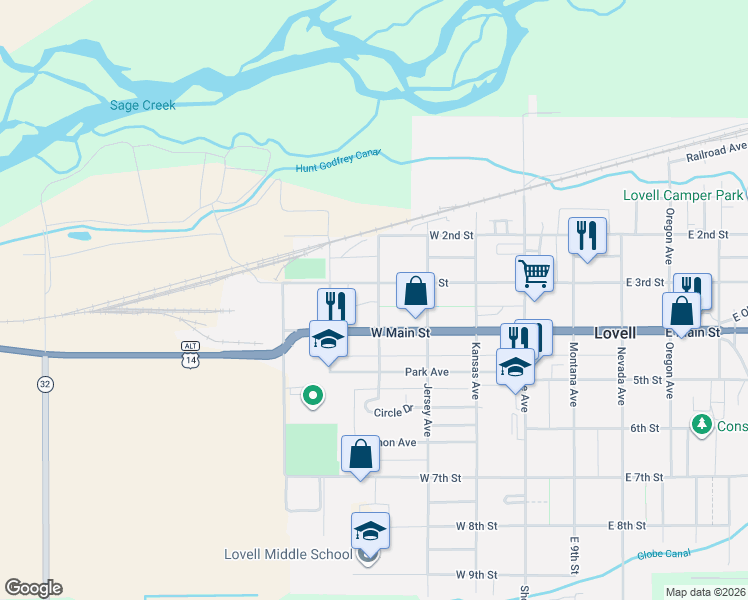 map of restaurants, bars, coffee shops, grocery stores, and more near 325 West Main Street in Lovell