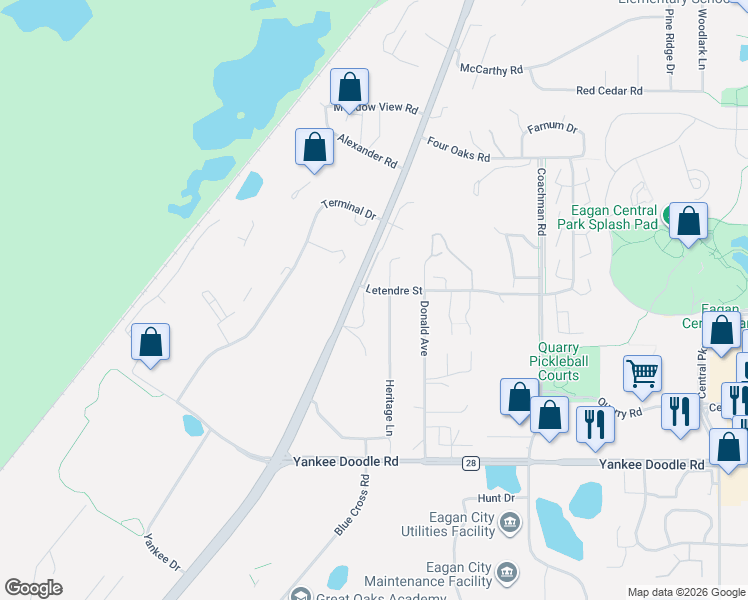 map of restaurants, bars, coffee shops, grocery stores, and more near 3296 Sibley Memorial Highway in Eagan