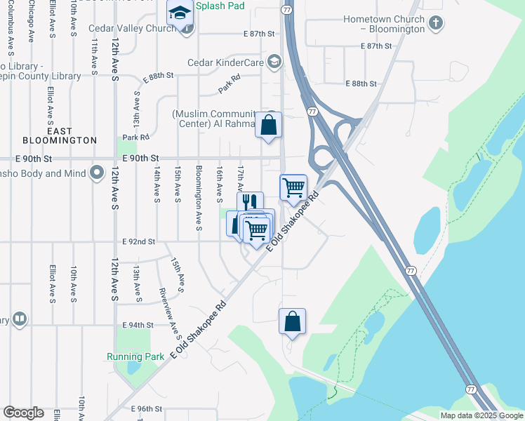 map of restaurants, bars, coffee shops, grocery stores, and more near 9100 Old Cedar Avenue South in Bloomington