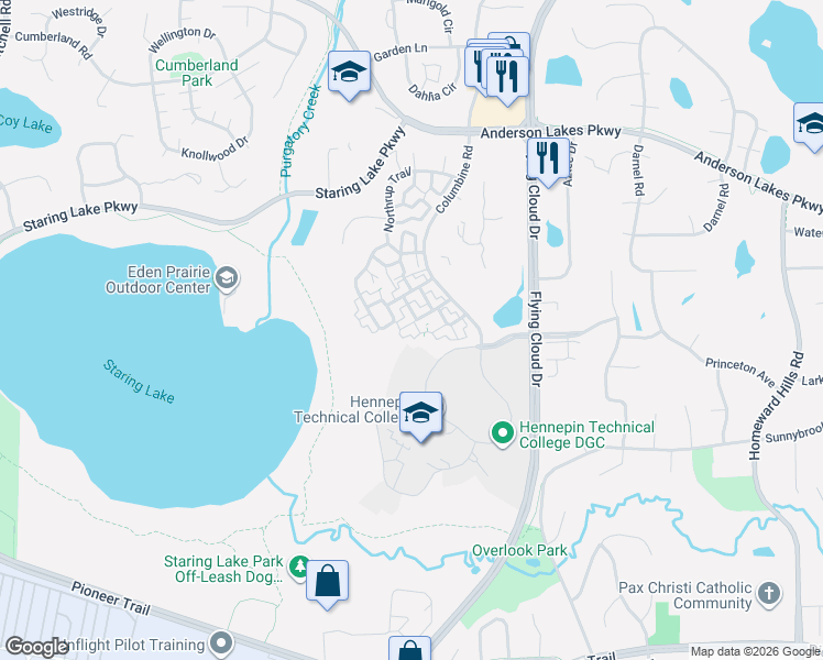 map of restaurants, bars, coffee shops, grocery stores, and more near 13089 Crimson Clover Lane in Eden Prairie