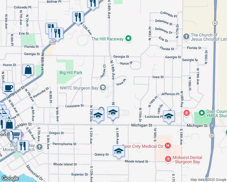 map of restaurants, bars, coffee shops, grocery stores, and more near 306 North 14th Avenue in Sturgeon Bay
