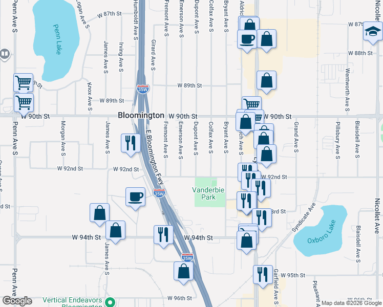 map of restaurants, bars, coffee shops, grocery stores, and more near 9124 Dupont Avenue South in Minneapolis