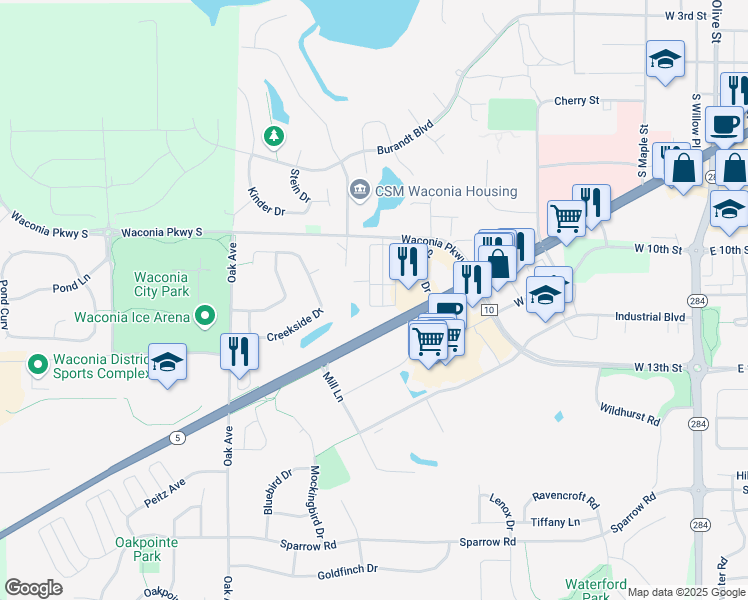 map of restaurants, bars, coffee shops, grocery stores, and more near 1229 Primrose Lane in Waconia