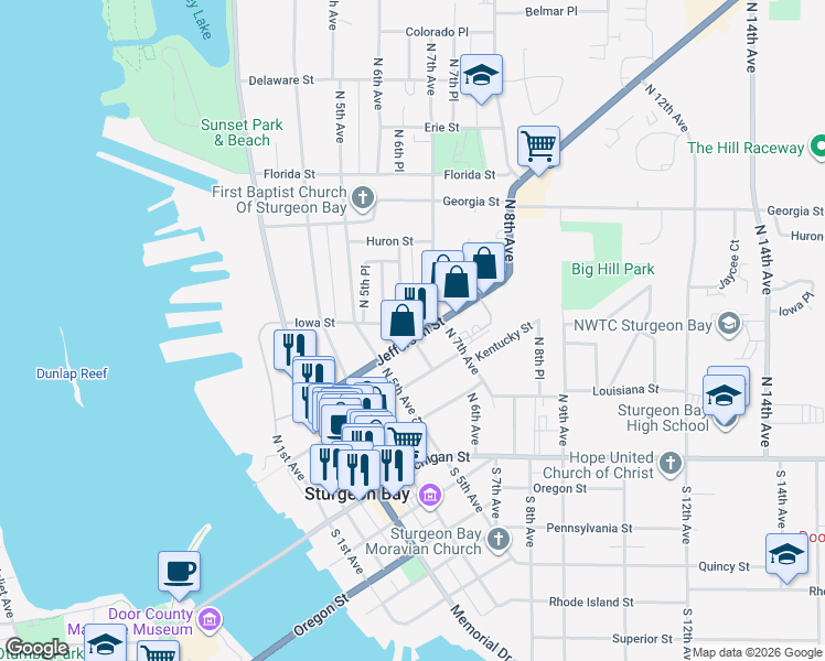 map of restaurants, bars, coffee shops, grocery stores, and more near 221 North 6th Avenue in Sturgeon Bay