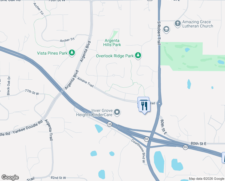 map of restaurants, bars, coffee shops, grocery stores, and more near 7670 Addisen Path in Inver Grove Heights