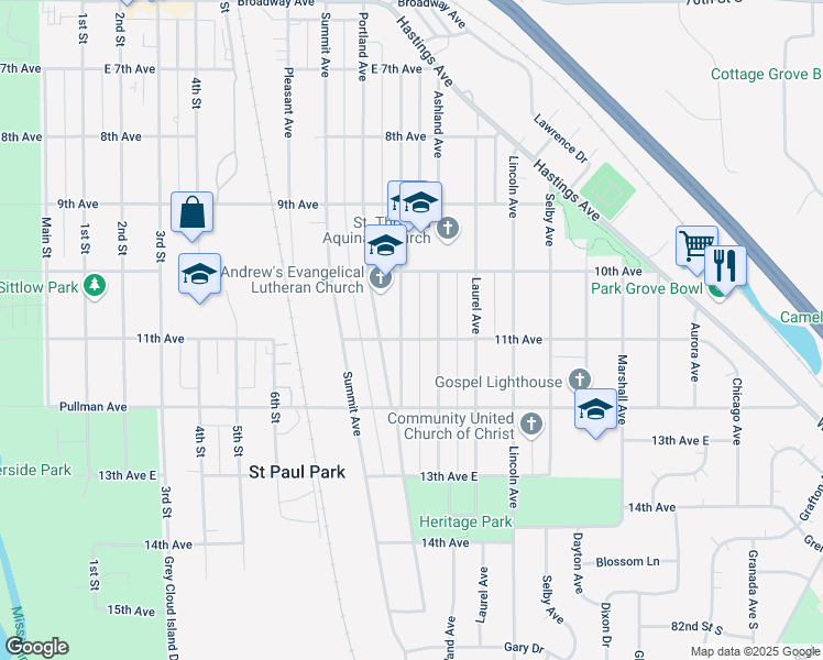 map of restaurants, bars, coffee shops, grocery stores, and more near 1020 Holley Avenue in Saint Paul Park