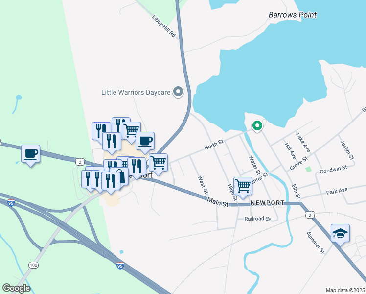 map of restaurants, bars, coffee shops, grocery stores, and more near 42 West Street in Newport
