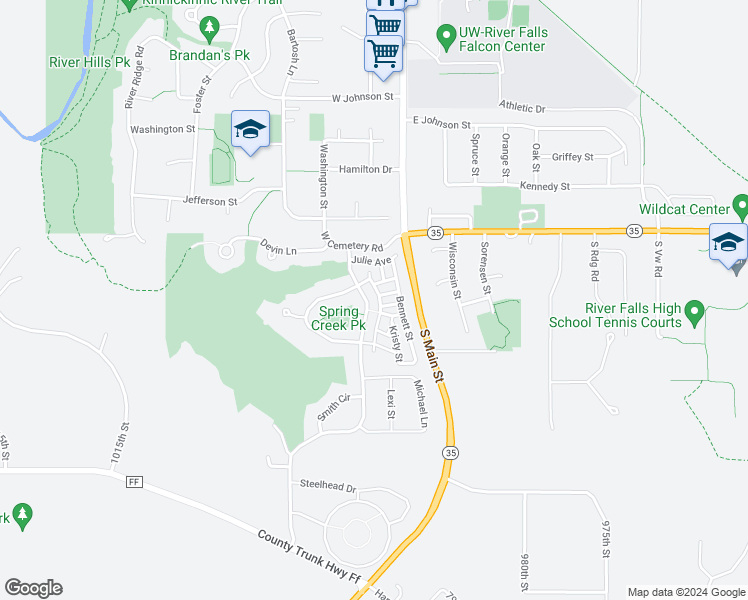 map of restaurants, bars, coffee shops, grocery stores, and more near 1800 Greenwood Valley Drive in River Falls