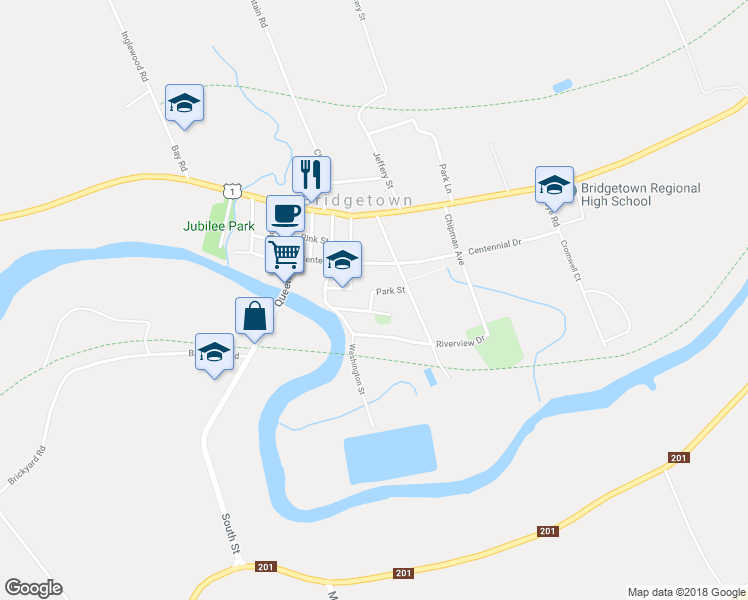 map of restaurants, bars, coffee shops, grocery stores, and more near 15 Park Street in Bridgetown