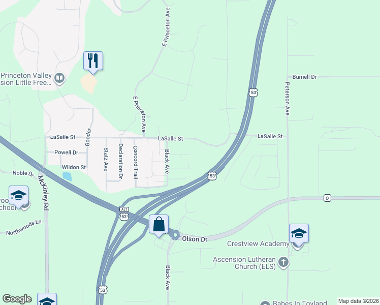 map of restaurants, bars, coffee shops, grocery stores, and more near 4352 Tweed Drive in Eau Claire