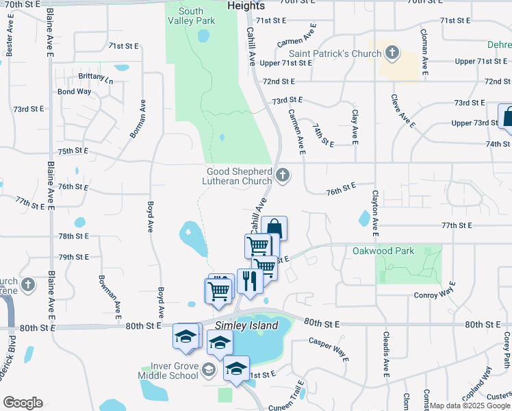 map of restaurants, bars, coffee shops, grocery stores, and more near 7569 Cahill Avenue in Inver Grove Heights