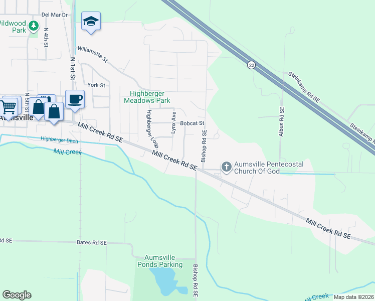 map of restaurants, bars, coffee shops, grocery stores, and more near 987 Highberger Loop in Aumsville