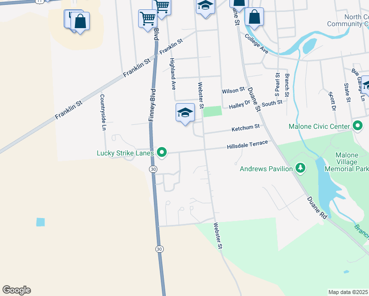 map of restaurants, bars, coffee shops, grocery stores, and more near 17 Woodward Street in Malone