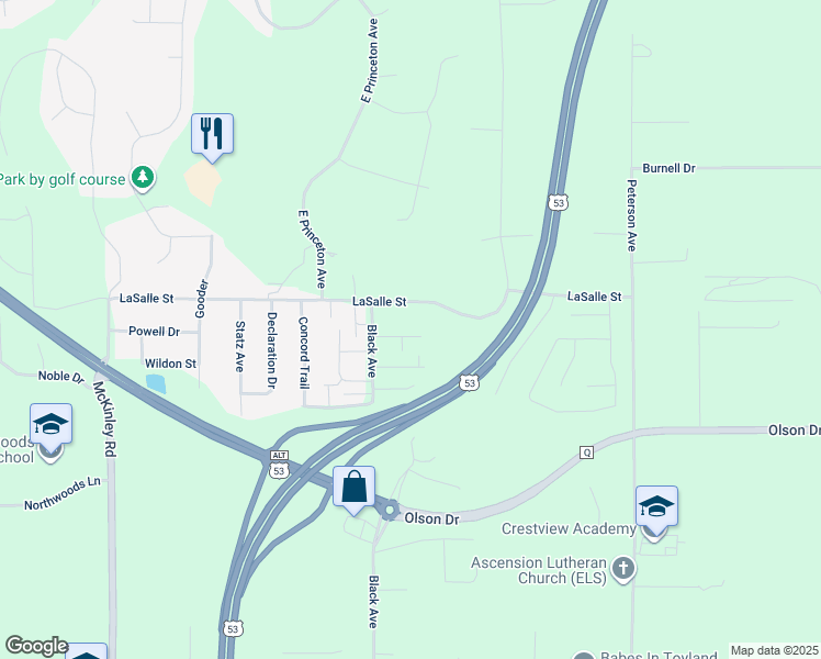 map of restaurants, bars, coffee shops, grocery stores, and more near 4336 Tweed Drive in Eau Claire