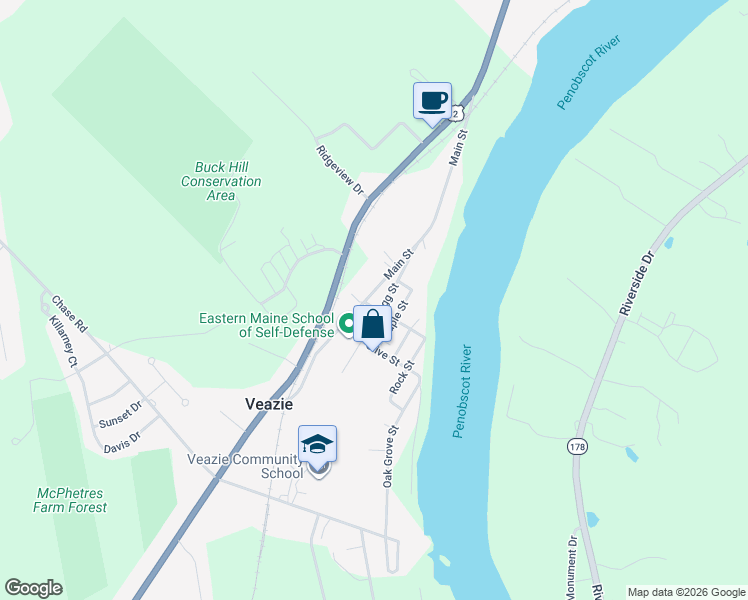 map of restaurants, bars, coffee shops, grocery stores, and more near 1044 Main Street in Veazie