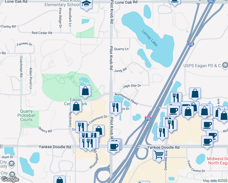 map of restaurants, bars, coffee shops, grocery stores, and more near 1385 High Site Drive in Eagan
