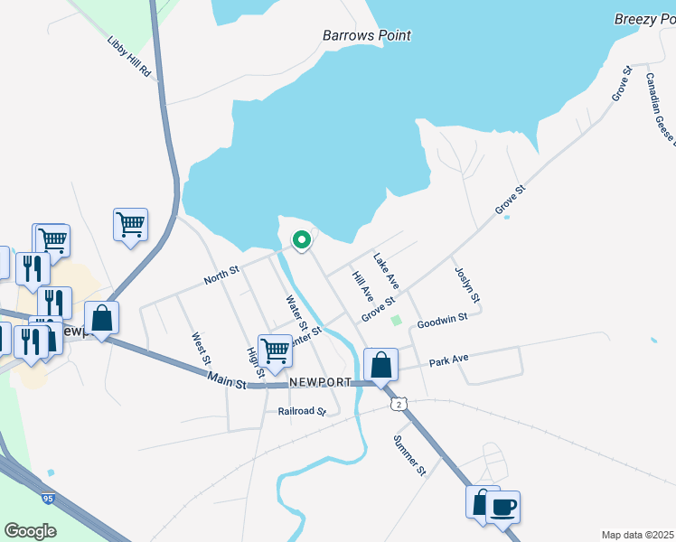 map of restaurants, bars, coffee shops, grocery stores, and more near 7 Sebasticook Avenue in Newport