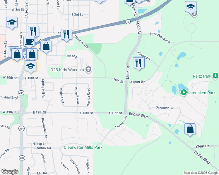 map of restaurants, bars, coffee shops, grocery stores, and more near 9757 10th Street in Waconia
