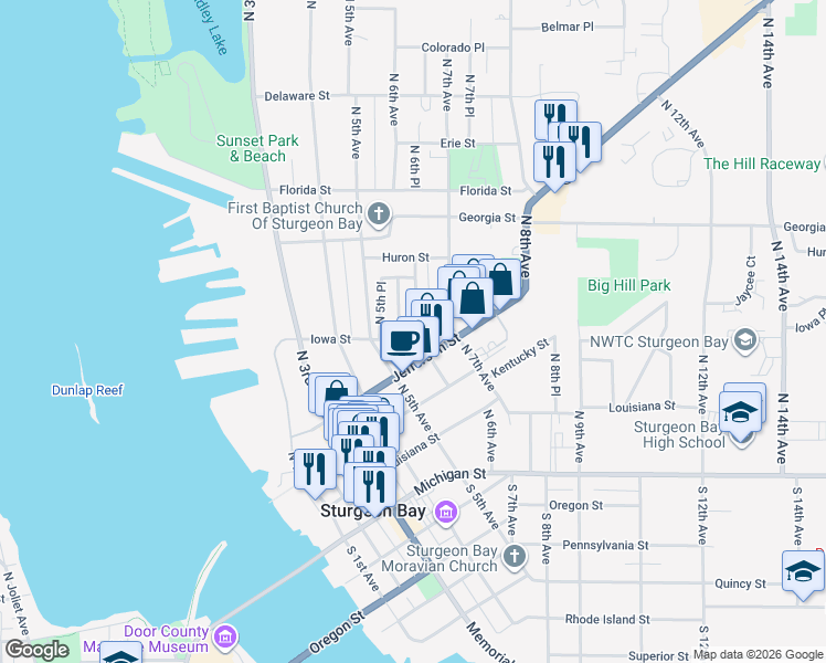 map of restaurants, bars, coffee shops, grocery stores, and more near 426 North 6th Avenue in Sturgeon Bay